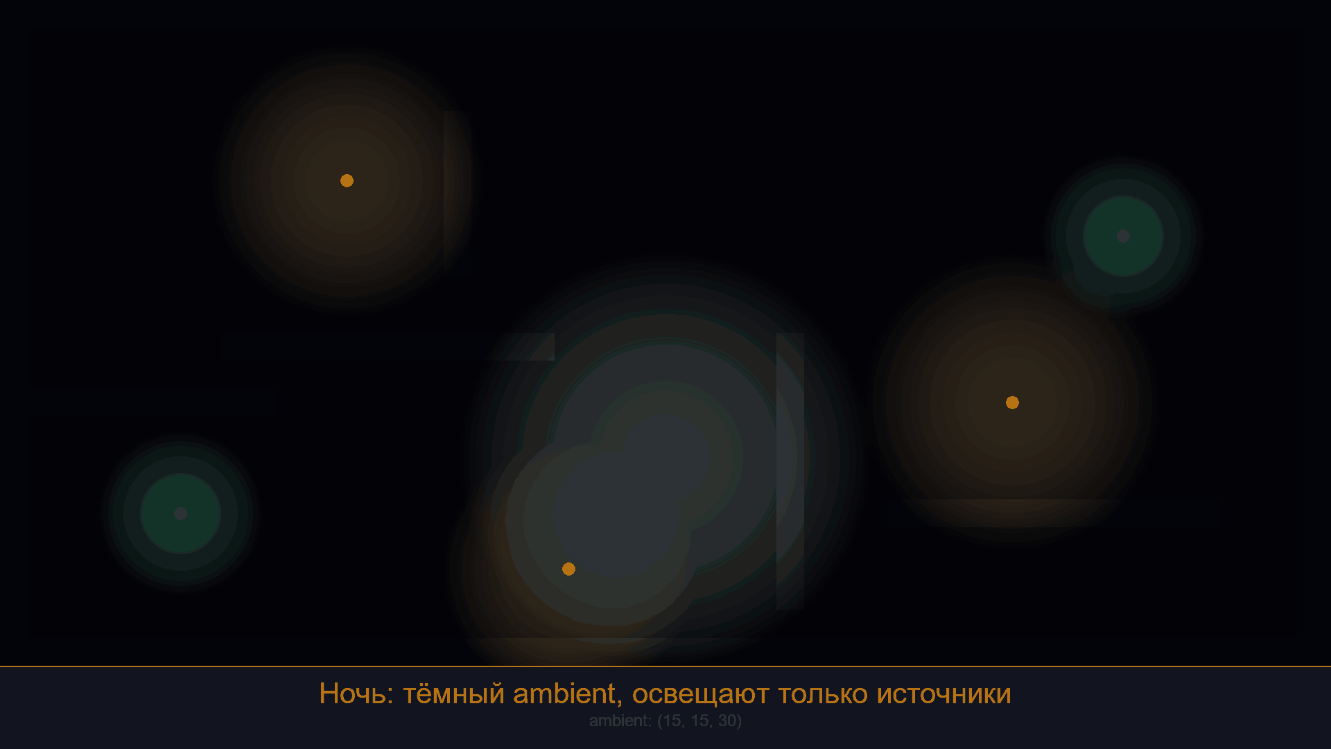 Карта освещения: градиентные источники света + multiply blend + цикл дня/ночи